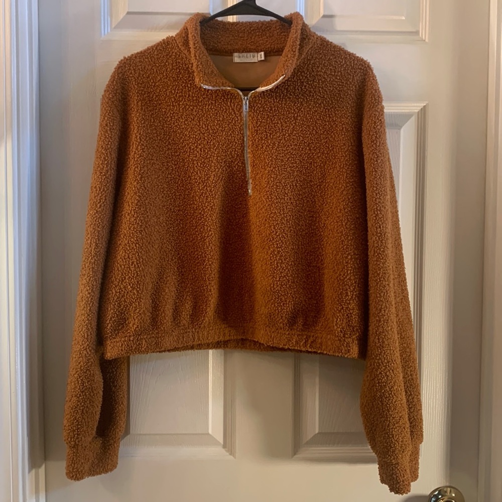SHEIN Sherpa Teddy Bear Brown Crop Top Pullover Sweater